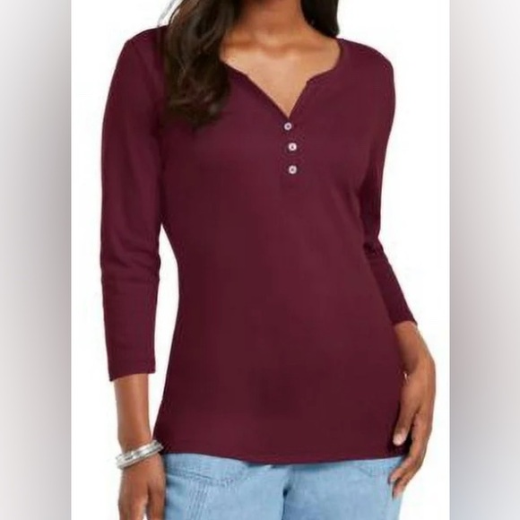 Karen Scott Tops - Karen Scott 3/4-Sleeve Henley Shirt. Large. Color:  Merlot.